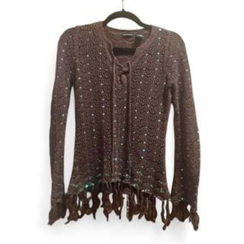 Y2K Moda International Brown Fringe Sequin Sweater M